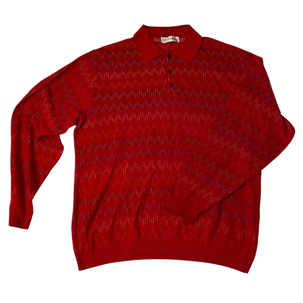 St. Croix Shop Mens L Red Knit Long Sleeve Polo Sweater Geometric Pattern USA‎